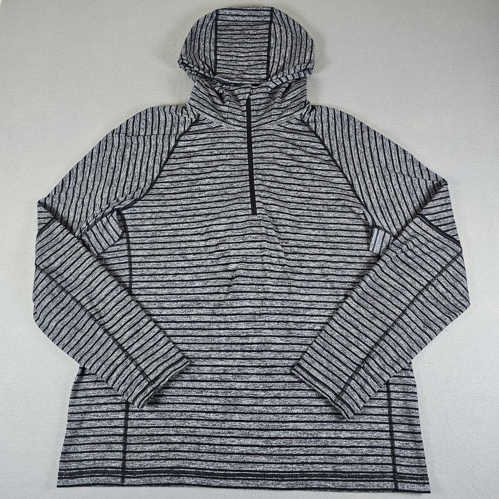 Lululemon Sweat Session Hoodie Mens XXL Gray Black Striped 1/2 Zip Thumb Holes